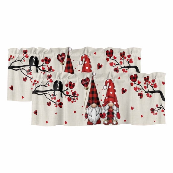 Valentine's Day Curtain Valances for Windows, Kitchen Valance Window Treatments Panel 2 Pack, Red Gnomes Love Balloon Birds Trees Rod Pocket Short Curtains for Bathroom Bedroom 60 x 18 Inch