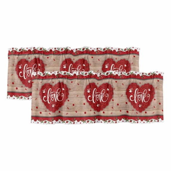Valentine's Day Curtain Valances for Windows, Kitchen Valance Window Treatments Panel 2 Pack, Red Love Heart Roses Romantic Vintage Rod Pocket Short Curtains for Bathroom Bedroom 42 x 18 Inch