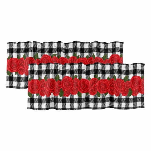 Valentine's Day Curtain Valances for Windows, Kitchen Valance Window Treatments Panel 2 Pack, Red Rose Flowers Buffalo Plaid Romantic Rod Pocket Short Curtains for Bathroom Bedroom 60 x 18 Inch