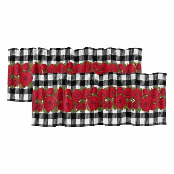 Valentine's Day Curtain Valances for Windows, Kitchen Valance Window Treatments Panel 2 Pack, Red Roses Floral Leaves Buffalo Plaid Rod Pocket Short Curtains for Bathroom Bedroom 42 x 12 Inch