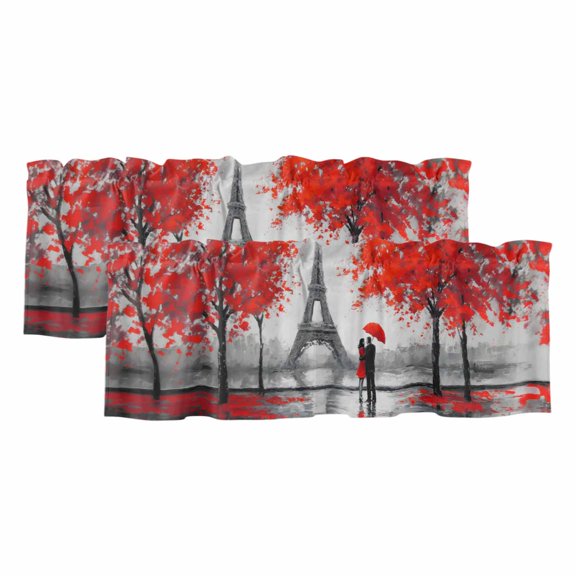Valentine's Day Curtain Valances for Windows, Kitchen Valance Window Treatments Panel 2 Pack, Romantic Couples Rainy Red Flowers Birds Rod Pocket Short Curtains for Bathroom Bedroom 54 x 18 Inch