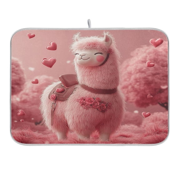 Valentine's Day Cute Alpaca Dish Drying Mat 16x18 Absorbent Microfiber Draining Rack Pad for Kitchen Counter Sink