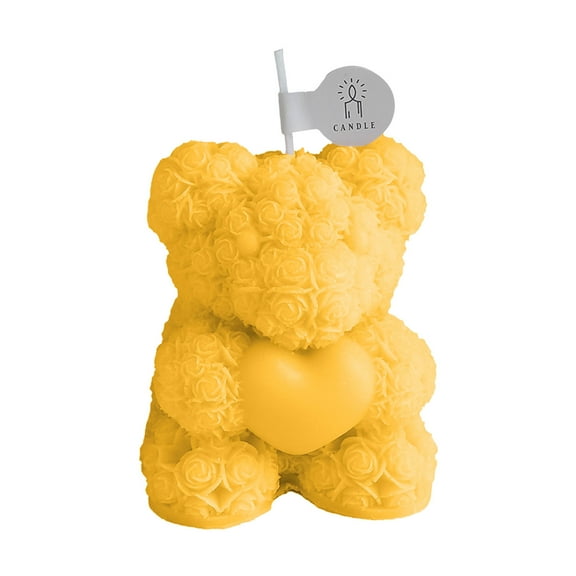 Valentine's Day Cute Bear with Heart Scented Candle Teddy Bear Rose Clusters Handmade Floral Soy Wax Aroma Decorative Candle for Table Photo Prop Wedding Birthday Anniversary Gift(Yellow)