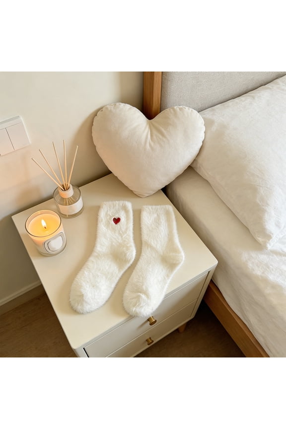 Valentine's Day Cute Puffy Socks, Thickened Fleece Warm Socks for Fall & Winter, Cozy Floor Socks, Mid-Calf Design, White-E