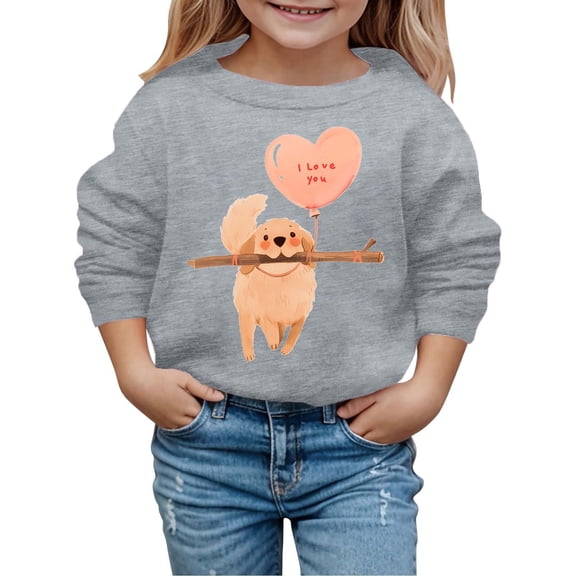 Valentine's Day Cute Puppy Heart Print Girls's Sweatshirt Round Neck Long Sleeve Hoodless Loose Hoodies A-Grey 2-3 T