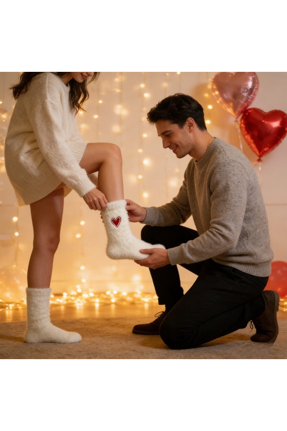 Valentine's Day Cute Socks - White Puffy Socks Thickened Fleece, Warm Cozy Floor Socks for Fall and Winter
