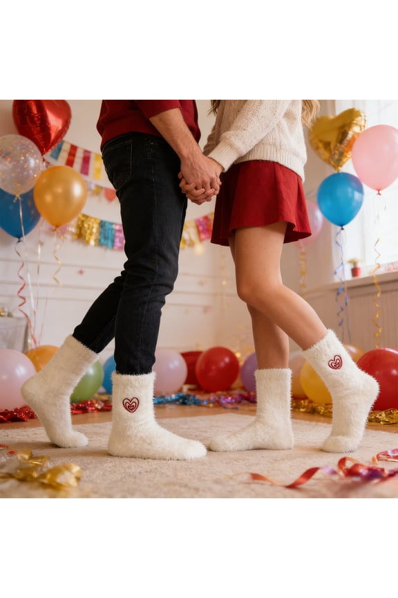 Valentine's Day Cute Socks, White Puffy Thickened Fleece Socks for Fall and Winter, Warm Cozy Floor Socks for Women and Girls