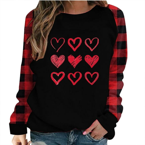 Valentine's Day Cute Sweatshirts for Women Plaid Patchwork Letter Graphic Print Long Sleeve Crew Neck Loose Tops(Red,XXL)