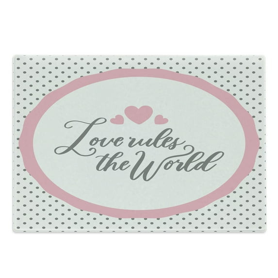 Valentine's Day Cutting Board, Love Rules the World Wording with Polka Dots on the Back, Decorative Tempered Glass Cutting and Serving Board, in 3 Sizes, by Ambesonne