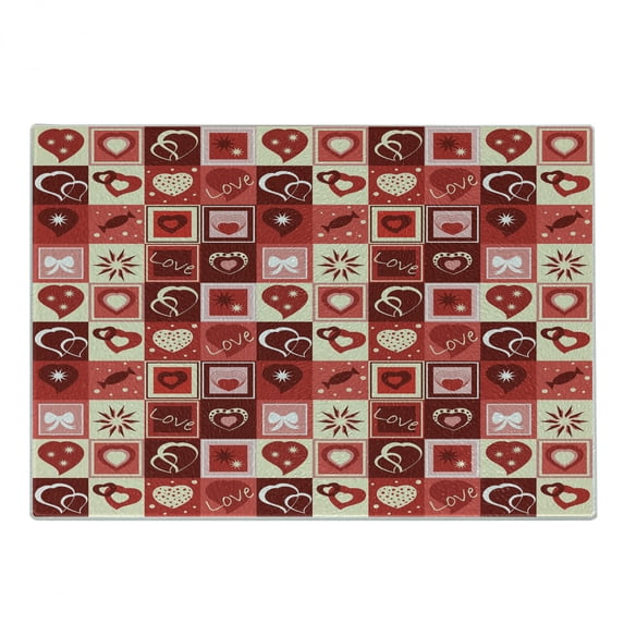 Valentine's Day Cutting Board, Valentines Day Themed Frames Pattern with Hearts Stars Love Lettering, Decorative Tempered Glass Cutting and Serving Board, Small Size, Beige Coral Red, by Ambesonne