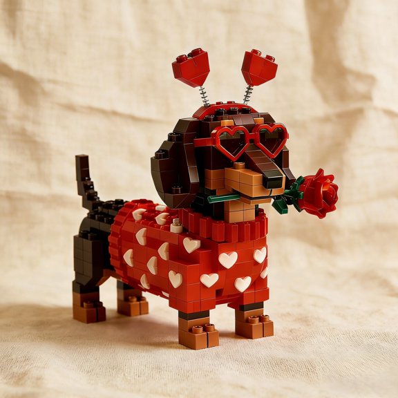 Valentine's Day Dachshund Building Block Set, Bernese Mountain Dog Small Particle Building Blocks, Cute Dachshund Figurine, A Gift for Dog Lovers (with Roses)