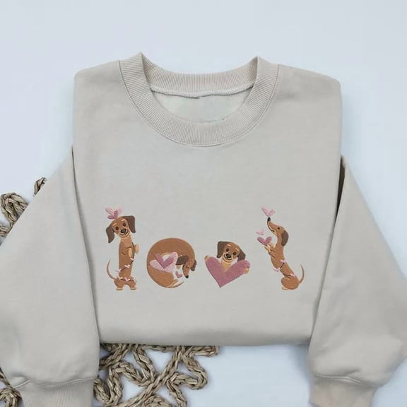 Valentine’s Day Dachshund Embroidered T-Shirt, Sweater, Hoodie | Dachshund Heart Dog Shirt | Valentine Dog Lover Embroidered Apparel