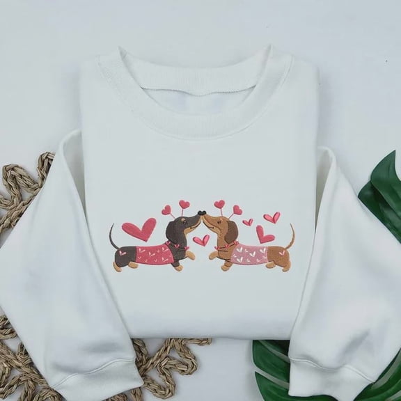 Valentine’s Day Dachshund Embroidered T-Shirt, Sweater, Hoodie | Dachshund Heart Dog Shirt | Valentine Dog Lover Embroidered Apparel