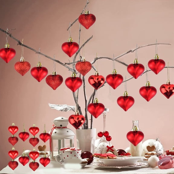 Valentine's Day Decor 12PCS Red Heart Ornament Valentines Christmas Heart Ornaments Shiny Glossy Matt Shatterproof Heart Baubles Shaped Hanging Ornaments Decoration for Wedding Anniversary Party