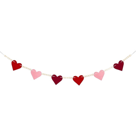 Valentine's Day Decor Heart Wood Bead Wreath, Farmhouse Style Banner Rustic Valentine Garland, Hanging Heart Decoration for Mantel, Holiday Celebrations Party Wall Decor, 1Pc(Red,81.9x2")