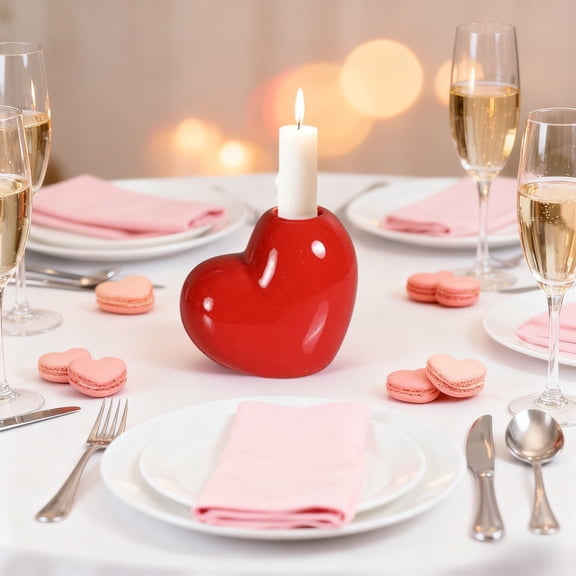 Valentine's Day Decor Red White Heart Candle Holder Glossy Ceramics Flickering White Flame Romantic Dinner Table Centerpiece Valentine Gifts Valentine Decor