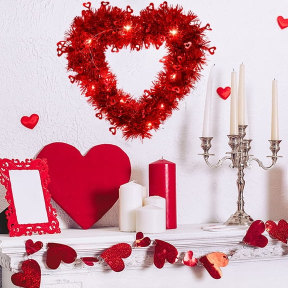 Valentine's Day Decoration Wreaths,Lighted Up Red Tinsel Foil Heart Shaped Wreath for Front Door,for Front Door,Romantic Wedding Hanging Garland Decor for Pillars Kitchen Cabinet Home Table