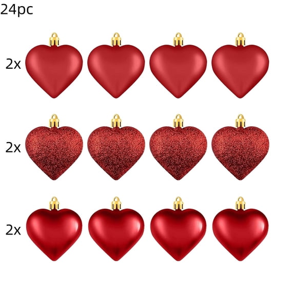 Valentine's Day Decorations 24-Pack Red Heart Shaped Hanging Ornaments with Glossy Matte Glitter Finishes for Party Tree Wall Decor