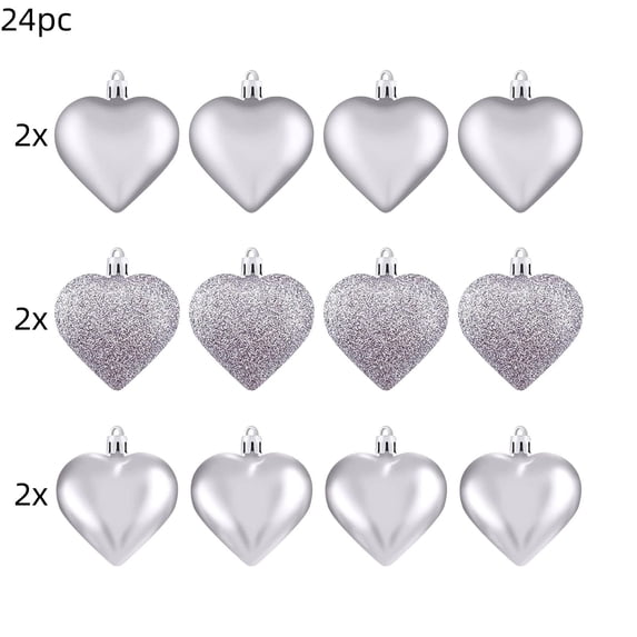 Valentine's Day Decorations 24-Pack Silver Heart Shaped Hanging Ornaments with Glossy Matte Glitter Finishes for Party Tree Wall Decor