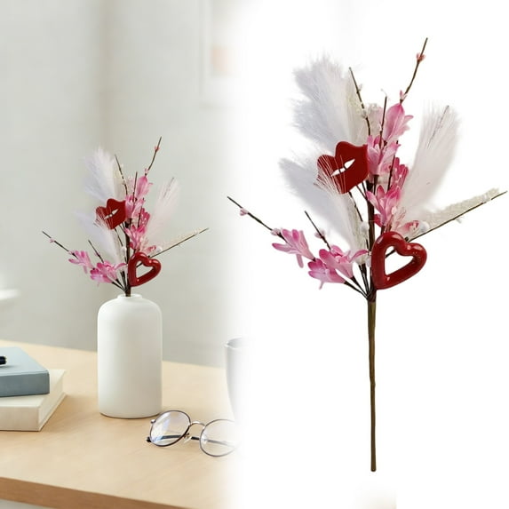 Valentine's Day Decorations, Artificial Red Heart Stem, Pink Flower Wedding Anniversary Decor, Valentine Artificial Heart Stem Decor For Home Wedding Decor
