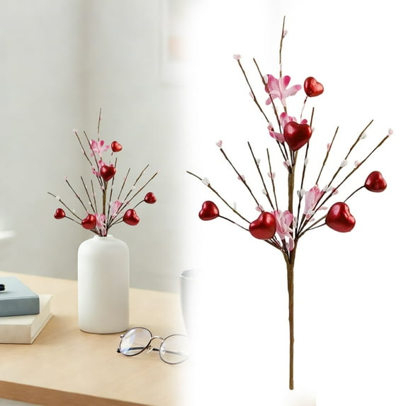 Valentine's Day Decorations, Artificial Red Heart Stem, Pink Flower Wedding Anniversary Decor, Valentine Artificial Heart Stem Decor For Home Wedding Decor