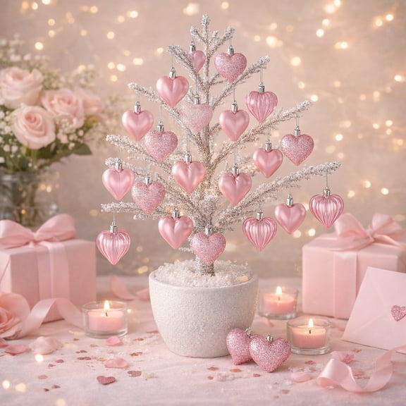 Valentine's Day Decorations, Romantic Heart Ornaments Set, 24Pcs Plastic Hanging Hearts for Party Christmas Tree Decoration, Pink