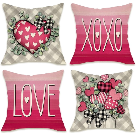Valentine''s Day Decorative Throw Pillow Covers 18 x 18 Set of 4, Pink Love Hearts Mason Jar Farmhouse Outdoor Pillowcase, Grey Buffalo Plaid Check Anniversary Wedding Cushion Case Home Decor