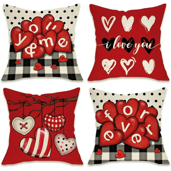 Valentine''s Day Decorative Throw Pillow Covers 18 x 18 Set of 4, Red Love Heart Black White Buffalo Plaid Polka Dot Outdoor Pillowcase, Anniversary Wedding Farmhouse Cushion Case Home Decor