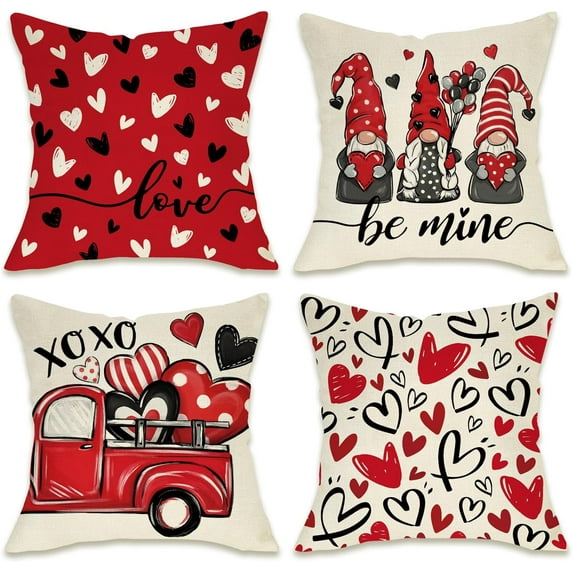 Valentine''s Day Decorative Throw Pillow Covers 18x18 Set of 4, Red Love Hearts Gnome Truck Be Mine Outdoor Pillowcase, Polka Dots Stripes Anniversary Wedding Holiday Cushion Case Home Decor