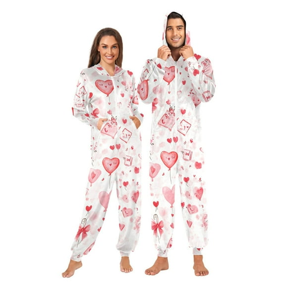Valentine's Day Design Heart Adult onesie Pajamas, Crystal Velvet Ultra Soft Warm Jumpsuit for Men and Women