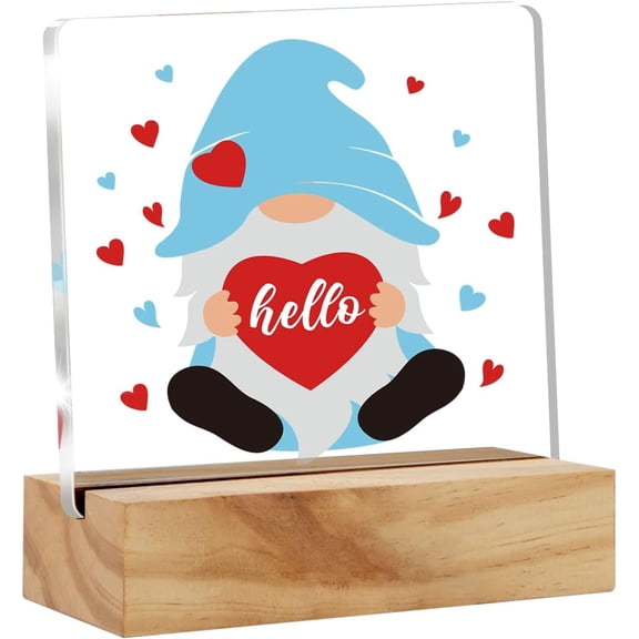 Valentine's Day Desk Decor-Funny Quote Hello Gnome Decorative Sign Plaque Acrylic with Wooden Stand Home Decor for Tabletop Desk Decoration,Valentine's Day Gifts for Her Wife Girlfriend Lover