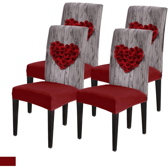 Valentine's Day Dining Chair Cover Set of 4, Mothers' Day Rose Petal Heart Vintage Wooden Board Plank Parsons Chair Slipcover Stretch Removable Chair Seat Protector Cover for Party Anniversary