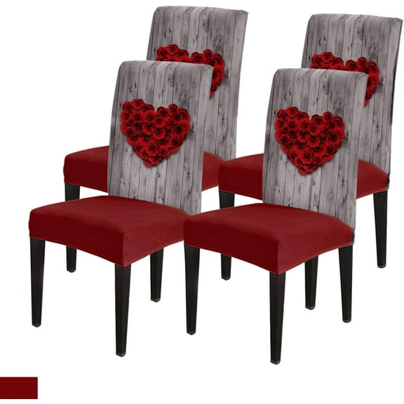 Valentine's Day Dining Chair Cover Set of 4, Mothers' Day Rose Petal Heart Vintage Wooden Board Plank Parsons Chair Slipcover Stretch Removable Chair Seat Protector Cover for Party Anniversary