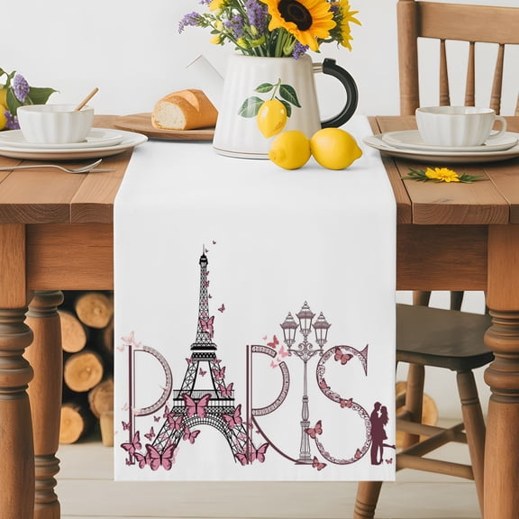 Valentine's Day Dining Table Runner, Sweet Couple under Paris Tower Eiffel Pink Butterfly Washable Table Runners Kitchen Coffee Table Center Decor for Home Party Holiday Wedding 13 x 36 Inches
