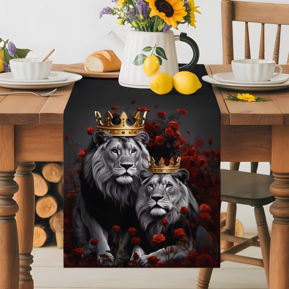Valentine's Day Dining Table Runner, Wild Lion Couple Gold King Queen Red Rose Floral Grey Washable Table Runners Kitchen Coffee Table Center Decor for Home Party Holiday Wedding 13 x 36 Inches