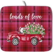 Valentines Day Dish Drying Mat for Kitchen Counter Red Truck Buffalo Plaid Drying Mat 16 x 18 Inch with Absorbent Reversible Microfiber Dish Drying Pad Dish Rack Drainer Mat for Coffee Bar