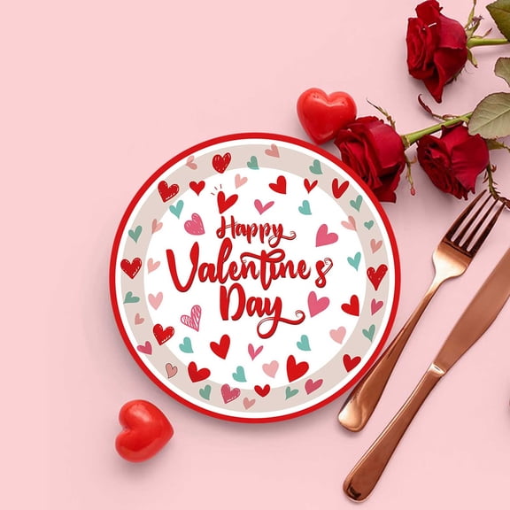 Valentine's Day Disposable Party Tableware Set - Decorative Paper Diningware Kit, Romantic Love-Themed Plates, Cups & Utensils, Perfect for Valentine's Day Gatherings & Celebrations, 7*7in, Red