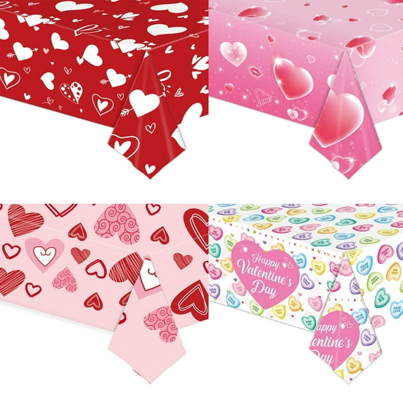 Valentine's Day Disposable Tablecloth, Happy Valentines Day Love Heart Table Covers for Valentine Wedding Anniversary Party Supplies, Valentine's Plastic Rectangular Table Cover, 54 x 108 Inch