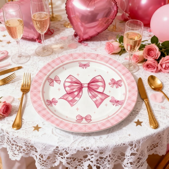 Valentine's Day Disposable Tableware 10 Piece Set, 7in Paper Plates, Heart Bow Pattern Party Pack for 10 Guests, Small Gathering Supplies, Pink Themed Birthday Picnic BBQ Party Essentials