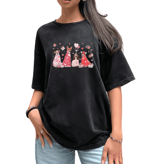 Valentine's Day Dog Graphic Tees Print T shirt Dog Mom Oversized Washed Shirts Women S-2XL Gray Tops