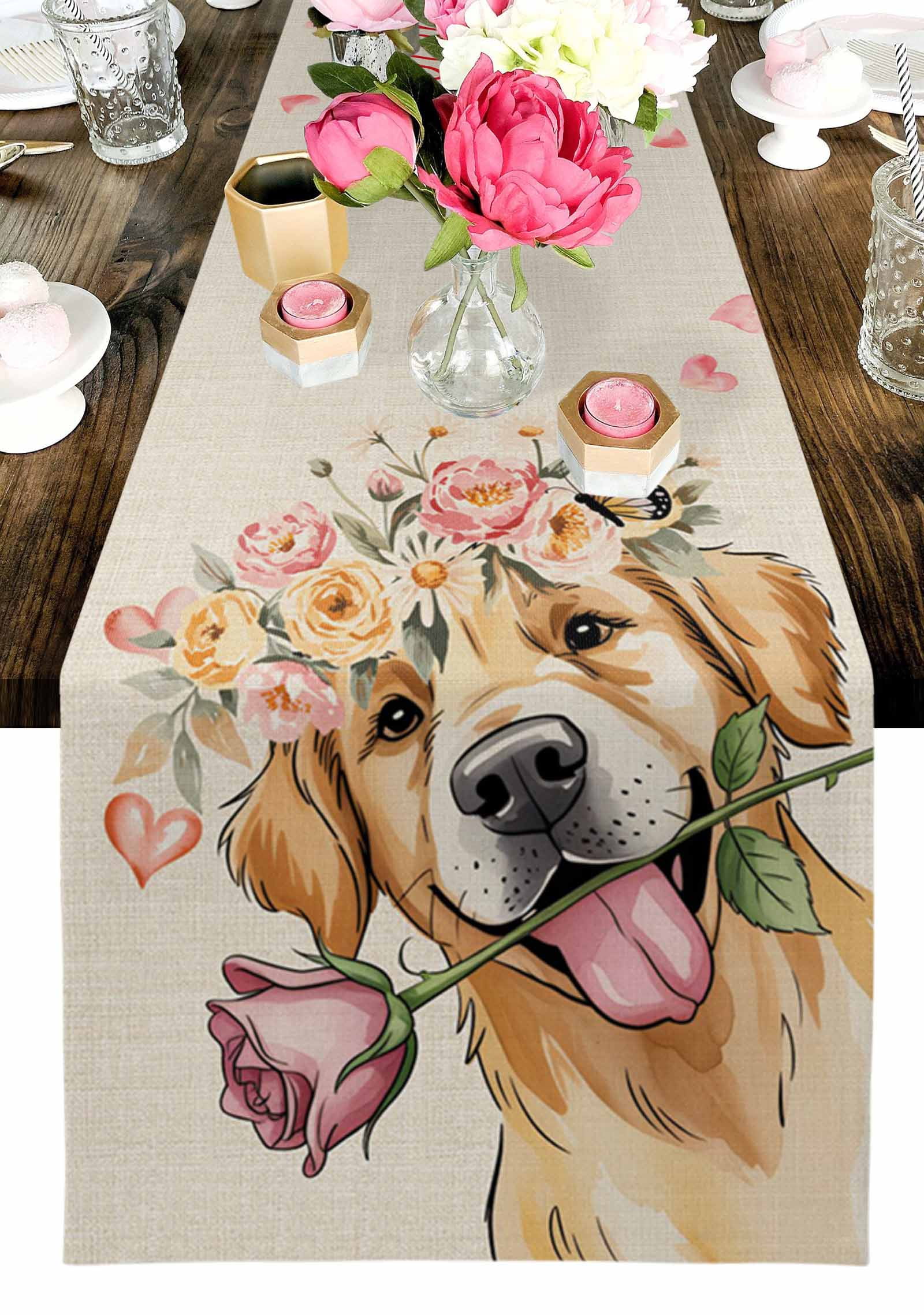 Valentine's Day Dog Table Runner, Rose Golden Retriever Red Love Heart Linen Texture Washable Cotton-linen Table Runners Dining Kitchen Decoration for Everyday Home Wedding Party Decor, 13 x 90 Inch