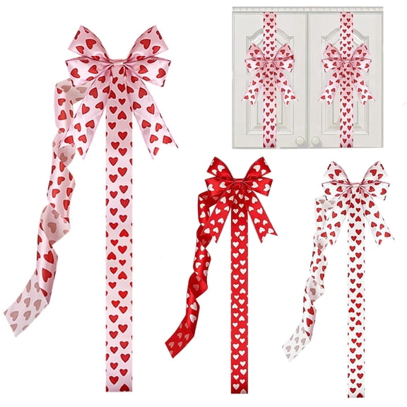 Valentine’s Day Door Bow – Heart Pattern Entryway Decor | Polyester Fiber, Hook and Loop Fastening, Wrinkle-Resistant | Large 78.7 in | Pink, White, Red