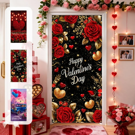 Valentine's Day Door Cover,35x72 Inch Decorative Door Banner for Festival Party Home Decor,Polyester Fabric 90x180cm,Romantic Heart Design for Tablecloth Alternative,Easy to Hang