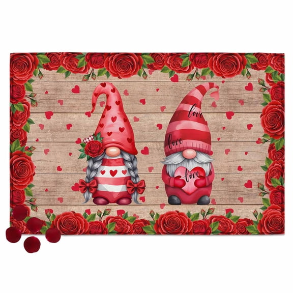 Valentine's Day Door Mat Gnome Couple Romantic Red Love Heart Roses Floral Wood Grain Non Slip Absorbent Entrance Mat Washable Low Profile Indoor Doormat for Front Door Entryway Entry 18"x30"