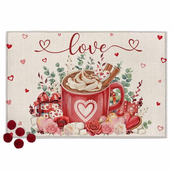 Valentine's Day Door Mat Sweet Hot Cocoa Red Roses Love Heart Greenery Linen Texture Non Slip Absorbent Entrance Mat Washable Low Profile Indoor Doormat for Front Door Entryway Entry 16"x24"