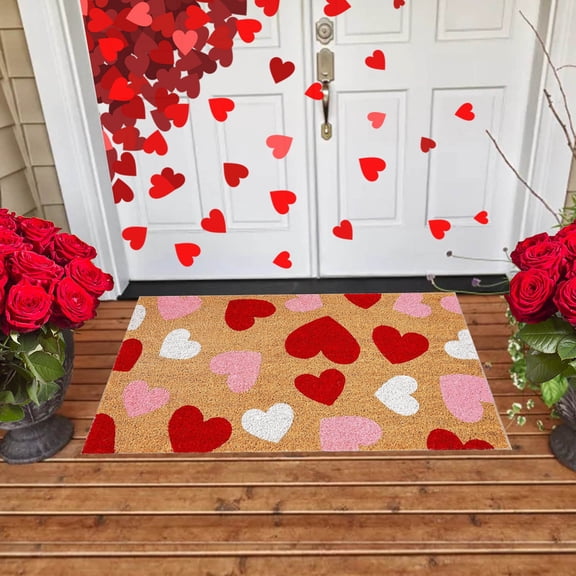 Valentine's Day Door Mat Welcome Doormats Non Slip Front Door Rugs for Entrance Porch Spring Outdoors Decor 16 x 24 Inch (Red Pink White Hearts)