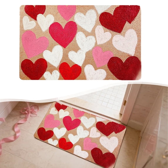 Valentine's Day Doormat, Red Pink White Love Heart Welcome Floor Mat, Non-Slip Entrance Door Rugs for Indoor Outdoor Home Bathroom Decor White, 23.6 x 35.4 Inch