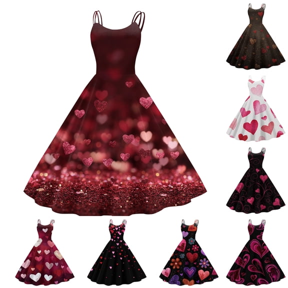 Valentine's Day Dress for Women Sleeveless Lovely Heart Cocktail Swing Dresses Letter Printed Crew Neck Hepburn Funny Sundress 1950s Graphtic Pink Red Happy Love You Patterned Clothes Red S