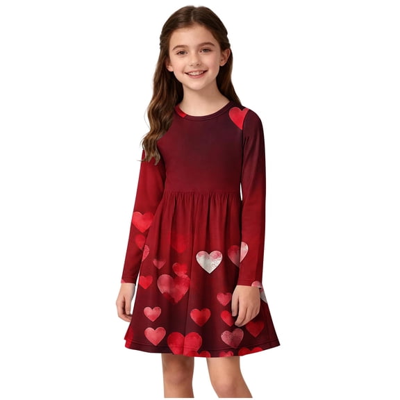 Valentine's Day Dress for Girls Casual Round Neck Long Sleeve Dresses Kids Clothes Girls Size 4-14