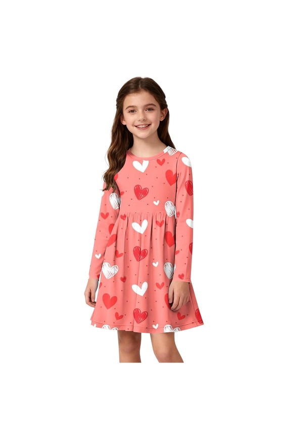 Valentine's Day Dresses for Girls Cute Casual A-Line Dress Crew Neck Long Sleeve Party Dress Size 4-14